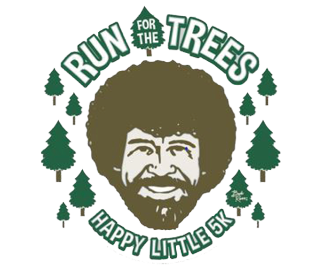Run for the Trees, Happpy Little 5K design, Bob Ross' sketch of his face and trees