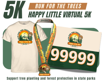 Happy Little 5K, $36, Run for the Trees, Support tree planting and forest protection in state parks, with images of T-shirt, medal and bib