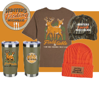 Hunters Feeding Michigan products, including orange hat, T-shirt, mugs
