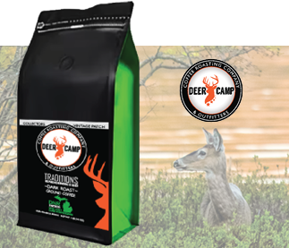 Bag of coffee with Deer Camp Coffee Roasting Company logo
