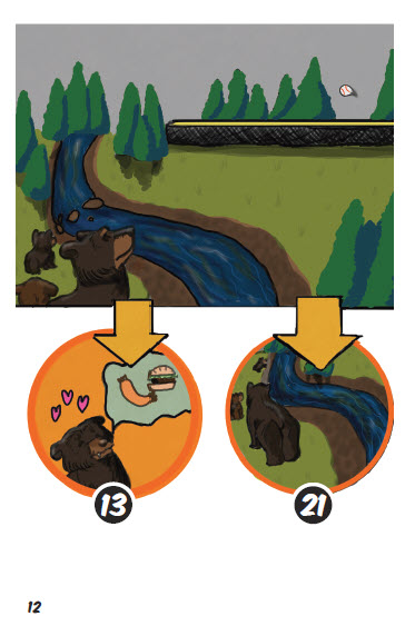 The bears come to a river just outside the park where a baseball game is happening. 